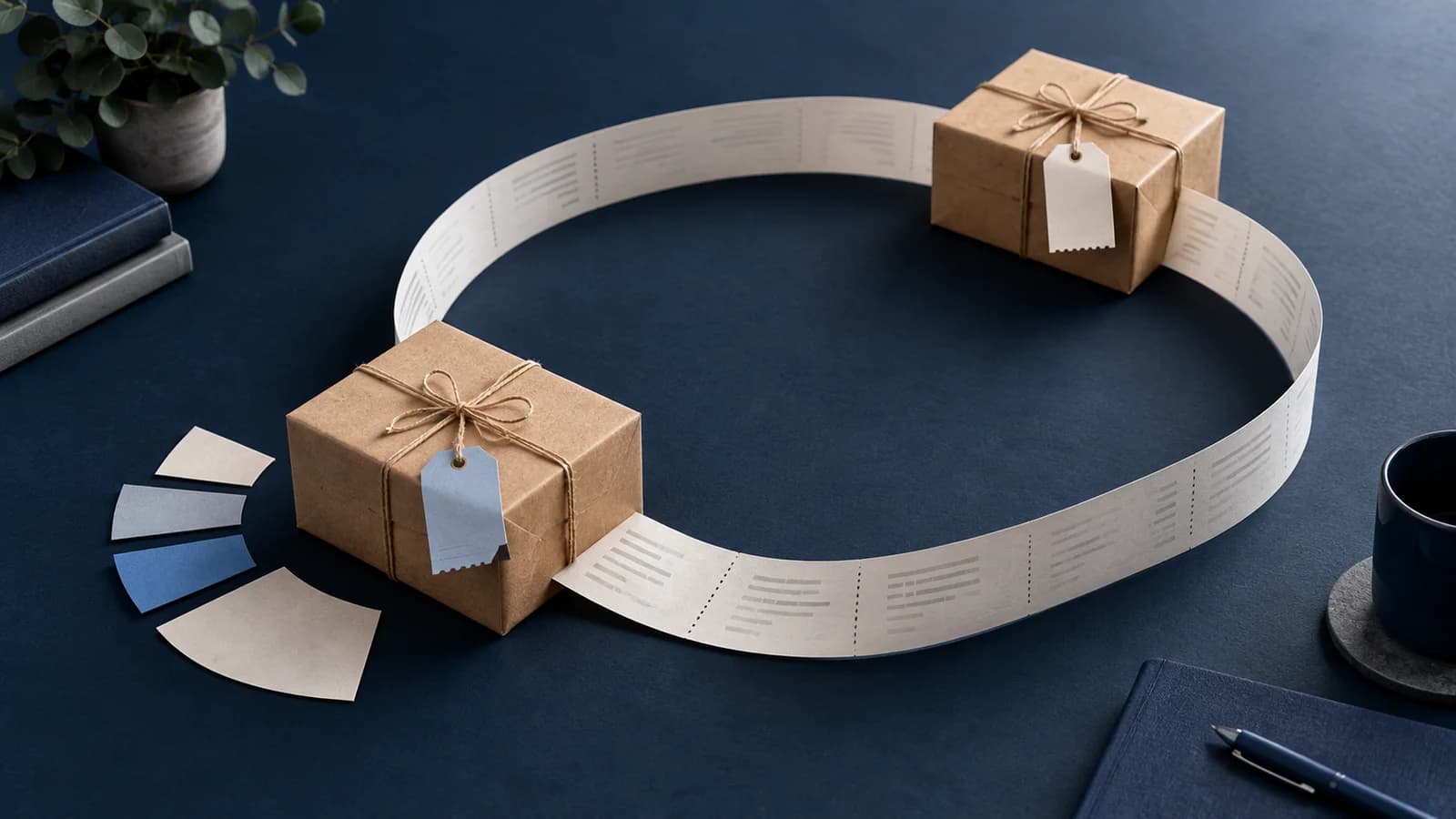 Ilustración conceptual generada con IA: dos paquetes conectados por una cinta de recibo sobre una mesa azul, como recorrido entre una compra con descuento y la siguiente.